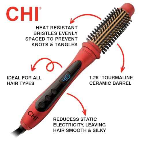CHI Tourmaline Ceramic Series Heated Round Brush, Reduces Frizz & Adds Shine To Hair, Adjustable Temperature & Automatic Shut-Off, 1.25" Barrel, Ruby Red