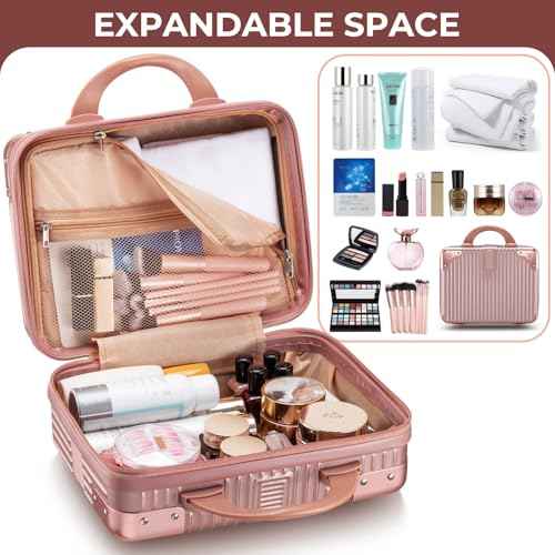Noverlife 14 Inch Portable Makeup Travel Case Hand Luggage, Pressure-proof ABS Carrying Makeup Case Suitcase with Elastic Band, Small Hard Shell Cosmetic Case for Travel Camping Women Girl - Rose Gold