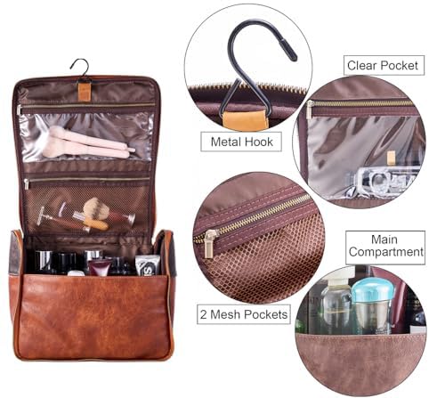 EURYNOME Hanging Toiletry Bag for Women and Men, Large PU Leather Toiletries Organizer, Water-resistant Bathroom Shaving Kit for Cosmetics, Makeup Case