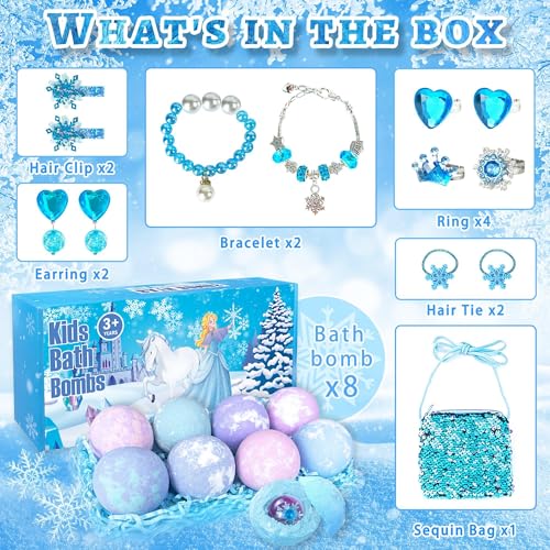 Bath Bombs for Kids with Surprise Inside, 8 Pack Bath Bombs with Frozen Toys, Princess Jewelry & Cross-Body Bag, Natural Fizzy Bubble Bath Balls with Jewelry Set, Christmas Birthday Gift for Girls