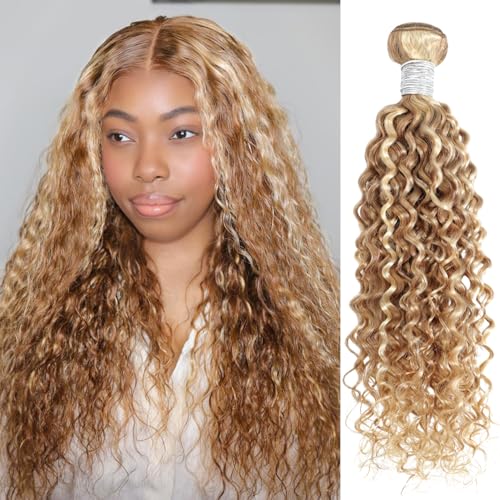 13A 27/613 Human Hair Bundles Water Wave 24 Inch, Soft and Silky Highlight Blonde Single Curly Bundle Wet n Wavy 100% Raw Hair Ombre Highlight Honey Blonde Sew In Weave #F27/613 Colored Weft