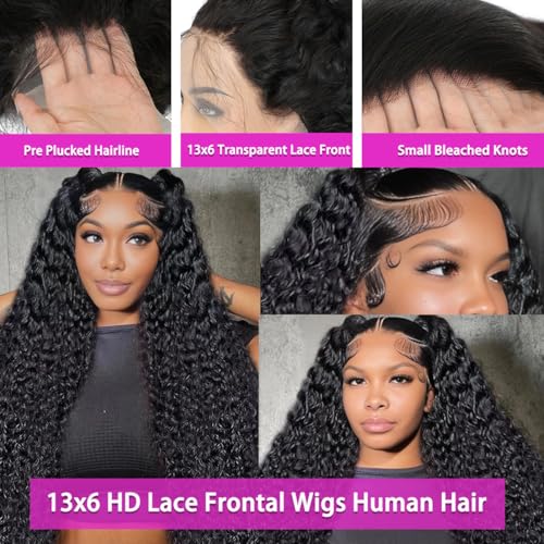 Deep Wave Lace Frontal Wigs Human Hair Pre Plucked Wet and Wavy 13X6 Lace Front Wigs Human Hair Glueless Brazilian Natural Black Deep Curly Wigs for Black Women 210% Density 18Inch