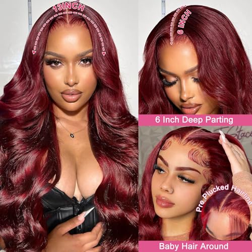 99j Burgundy Body Wave Lace Front Wigs Human Hair 13x6 HD Transparent Lace 180% Density Wine Red Colored 22 Inch
