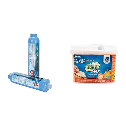 Camco TastePURE Camper/RV Water Filter | Inline Water Filter Reduces Bad Taste, Odor, Chlorine & Sediment | Ideal for RVs, Campers, Travel Trailers, Boats | Made in the USA | 2-Pack (40045) and Camco TST MAX Camper/RV Toilet Treatment Drop-INs | Control U
