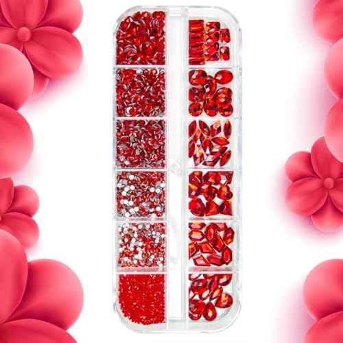 2052Pcs Red Nail Art Rhinestones Multi Shapes Crystal Flatback Rhinestones Gems Siam Red Round Beads K9 Glass Stones Diamonds Jewels Nail Art Supplies Charms for Nails Faces Eyes Makeup Crafts