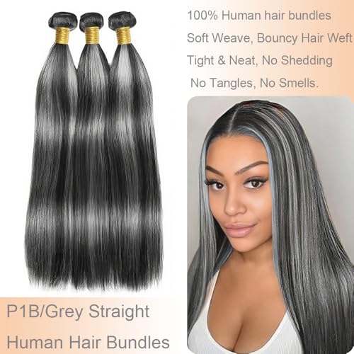 Straight Bundles P1B/Grey Human Hair Bundles 16 18 20 Inch Human Hair 3 Bundles Unprocessed Brazilian Virgin Quick Weave Human Hair Extensions For Black Women