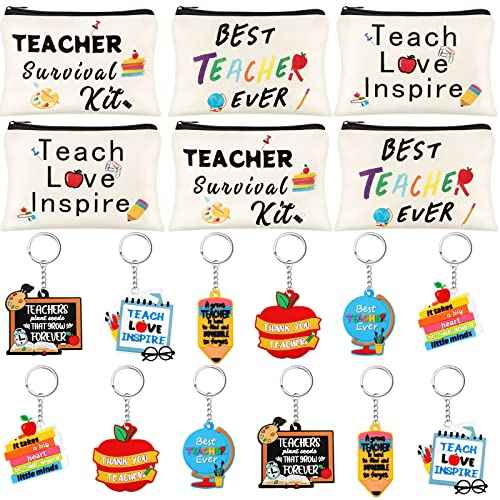 Nosiny 18 Pcs Teacher Appreciation Gifts Set 12 Teacher Keychains Bulk 6 Makeup Pouch Cosmetic Bag Thank You Gifts for Women Christmas