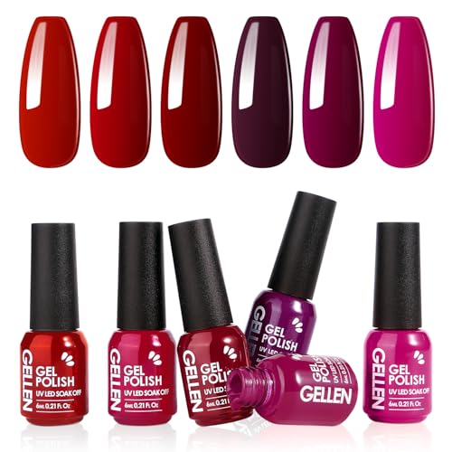 GELLEN Gel Nail Polish, Burgundy Dark Red Purple Gel Polish Set 6 Colors, Non Toxic No Wipe Soak Off UV Light Gel For Women Girls Manicure Home Salon Trendy Nail Gifts Valentine Day Christmas