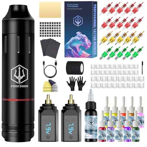 POSEIDON Tattoo Pen Set, Wireless Tattoo Gun Kit Tattoo Kit with 2Pcs Battery and 20Pcs Tattoo Cartridge Needles, Complete Tattoo Machine kit Tattoo Supplies for Beginners