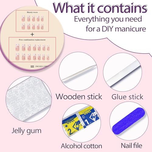 Valentines Long Press on Nails White French Tip Long Fake Nails Coffin Square White False Nails with Red Heart Deign Acrylic Nails Press on Artificial Nails Stick on Nails For Women-24Pcs