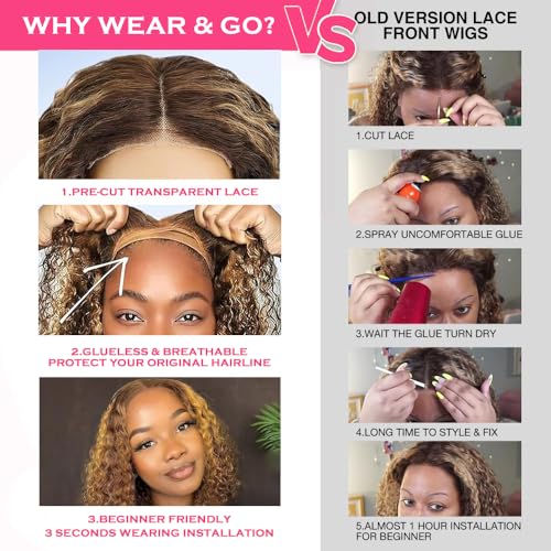 Ombre Highlight Wear and Go Glueless Wigs Human Hair Pre Plucked Pre Cut Deep Wave Lace Front Wigs Human Hair Wigs 4x4 Lace Closure Wigs Human Hair 180% Density Curly Wigs Human Hair Wigs 22 Inch