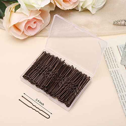 U Shaped Hair Pins, 200 Count Buns Waved Hair Pins for Updos with Box for Women Lady Girls Bobby Pins French Historical Hair Styling Pins Hair Accessories (Brown, 2.4 Inch)