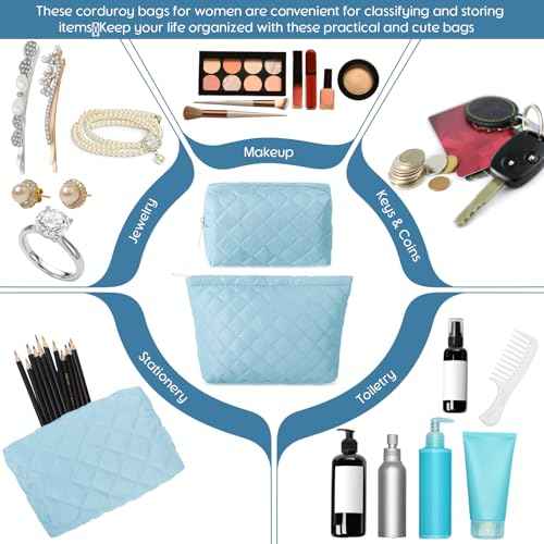 2 Pcs Pencil Case Quilted Makeup Bag Aesthetic Cosmetic Pouch for Women Puffer Travel Toiletry Bag Set Cotton Small Purse Pouch Makeup Organizer with Zipper(Blue)