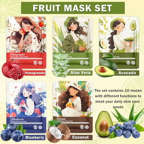 Facial Masks for Women Skin Care,10 Pack Kids Face Masks Spa,Hydraiting Hyaluronic Acid Face Mask Set for Girls,Natural Ingredients Mascarillas Faciales Para Ni?as