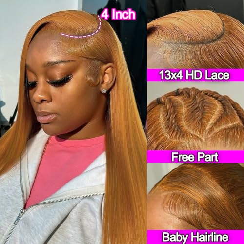 Blonde Lace Front Wigs Human Hair Straight 13x4 HD Lace Wigs Human Hair for Black Women with 180 Density 18 Inch Long Bob 30# Color