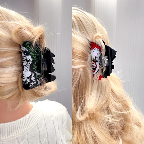 4pcs Spooky Halloween Hair Accessories, 4inch Large Scream Mask Claw Clips, Fun Halloween Hair Clips, Skull Ghost Decorative Claw Clips, Cyberpunk Green Hair Water Ghost Hair Clips