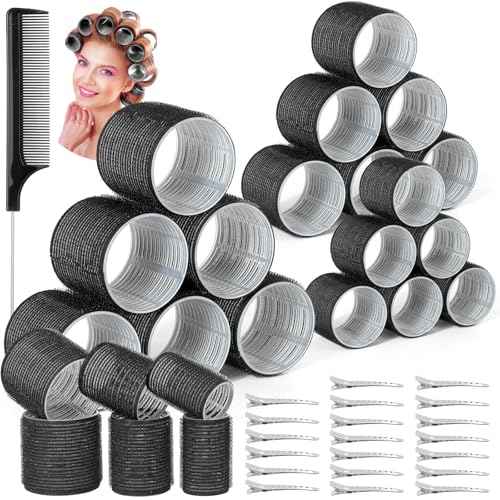 39PCS Self Grip Curlers 3 Sizes - Black 2.5in, 1.9in, 1.4in Rollers with Duckbill Clips for Long, Medium, Short, Thick, Fine Hair Volume and Bangs (Black)