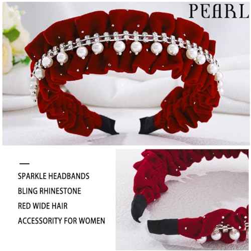 Red Headbands Pearl Headband Rhinestone Head Band wrinkle hairband Glittering Jewelry velvet Hair Hoop For Women (Red)