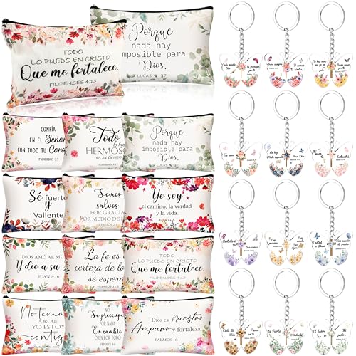 24 Pcs Spanish Christian Gift Set - 12 Women Makeup Bags Bulk & 12 Butterfly Keychains Inspirational Bible Verse Cosmetic Bags Religious Gifts for Women Regalos Religiosos Para Mujer En Espa?ol