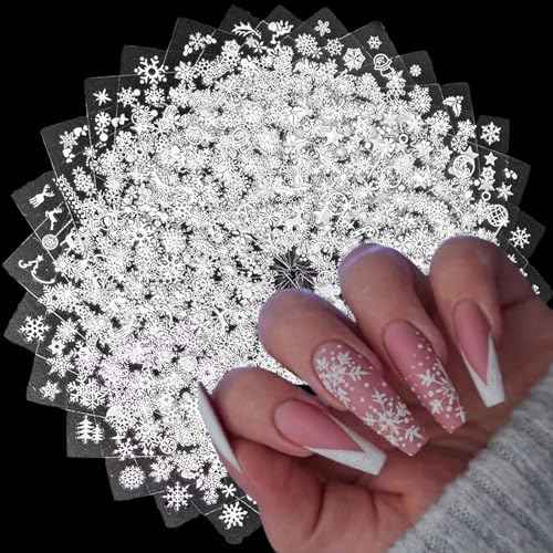 30 Sheets Christmas Nail Art Stickers Winter Nail Stickers Christmas Snowflake Design 3D Self-Adhesive Nail Decals for Nail Art Xmas Nail Sticker White Christmas Nail Art Supplies for Women