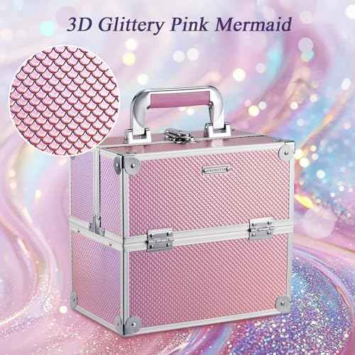 Frenessa Makeup Case Makeup Box Cosmetic Organizer Case Portable Make Up Artist Travel Case Storage Box 4 Trays with Dividers Lockable Hard Train Case Nail Tech Supply Storage Mermaid Pink