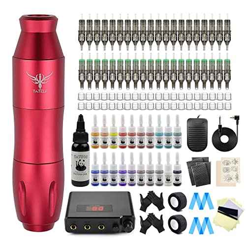 TATELF Rotary Pen Kit Professional Complete Machine Starter Set with 40pcs Cartridge Needles Power Supply Foot Pedal 21 Colors Ink For Beginners & Artists(Red)