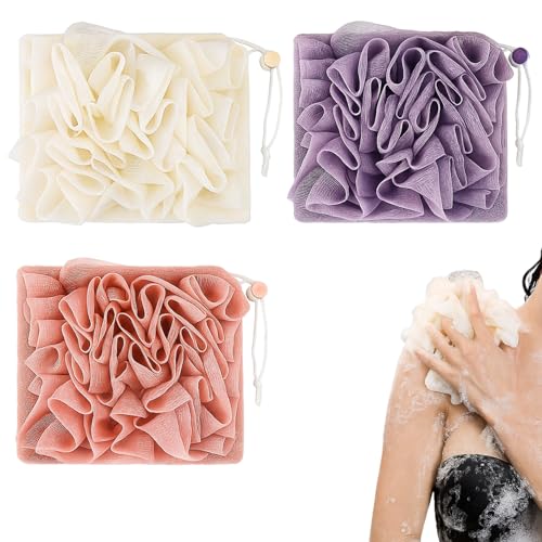 3 Pcs Washcloth Loofah Combo, 2 in 1 Bath Loofah Sponge with Drawstring, Exfoliation Mesh Shower Puff Ball for Body Wash Cleansing and Smooth Skin (Purple Pink Beige)