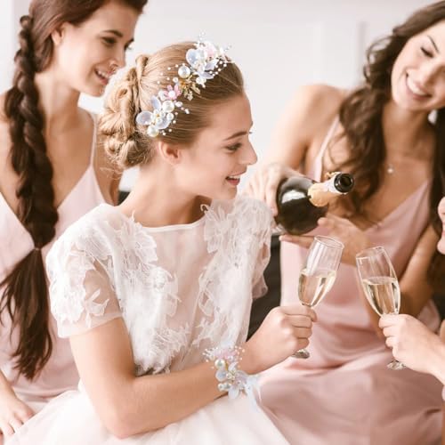 LAPOHI 2 Pieces Wedding Flower Headpieces for Girls, Flower Girl Hair Accessories for Wedding Rhinestones Flower Headband Fairy Pearl Flower Crown for Girls Bridal Crystal Flower Tiara for Women