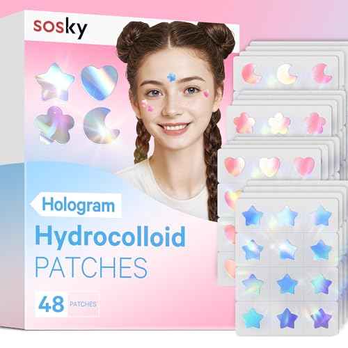 Sosky Hologram Pimple Patches for Face, Hydrocolloid Acne Patches with Salicylic Acid, Cute Star Zit Stickers,Colorful Blemish Covers,48 Count Blue Pink Star Heart Moon Flower