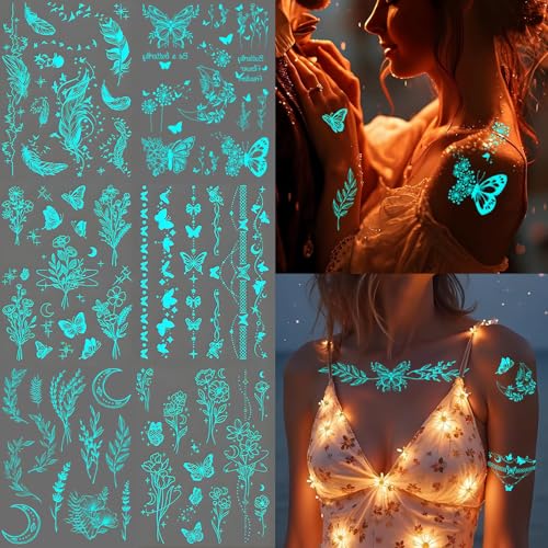 Luminous flower Butterfly Temporary Tattoos For Women Girls,9 Sheets Sexy Lace Fake Necklace Glow In The Dark Tattoo Wings Waterproof Face Body Arm Tattoo, Night Glitter Party Supply