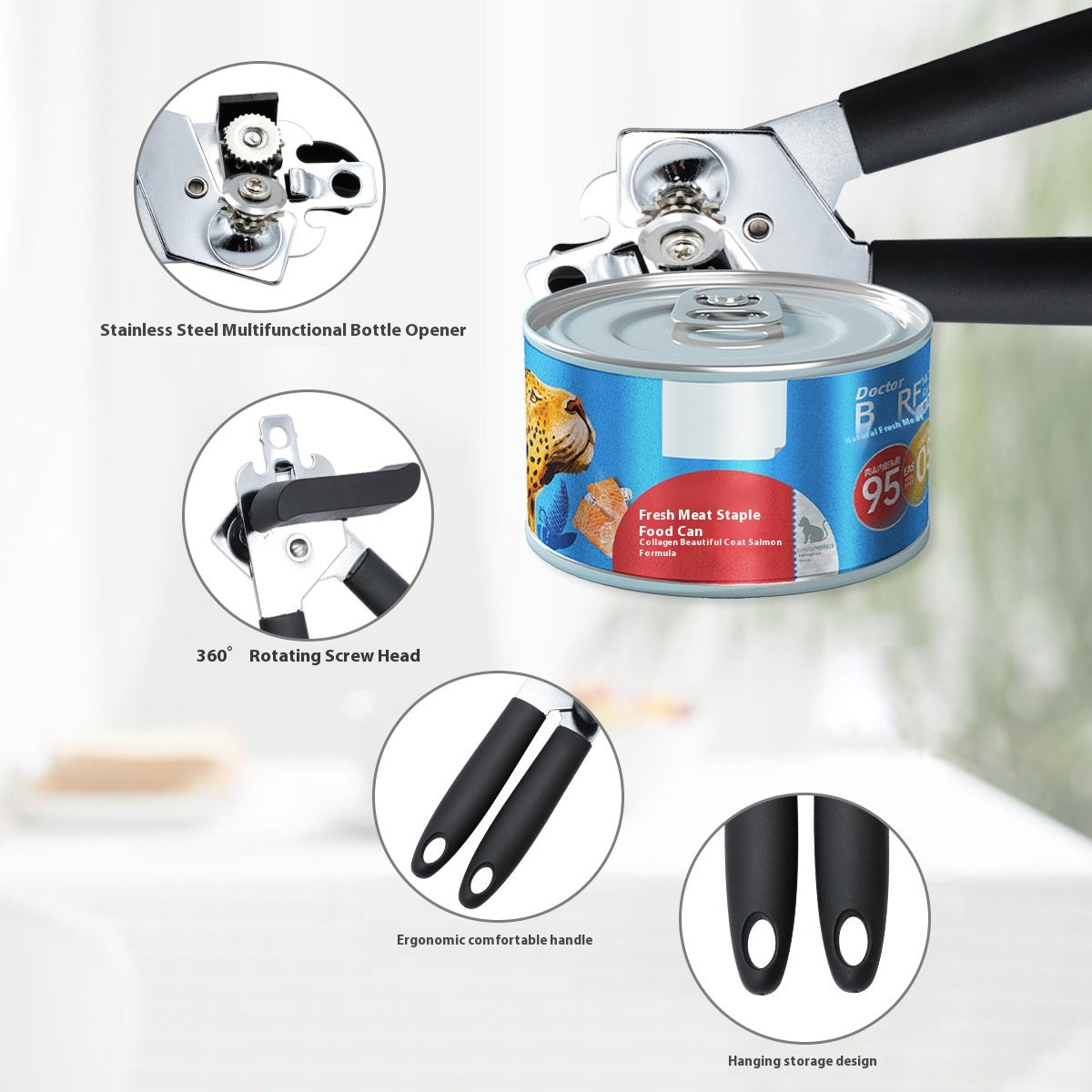 Stainless Steel Can and Bottle Opener Kitchen Tool - Black