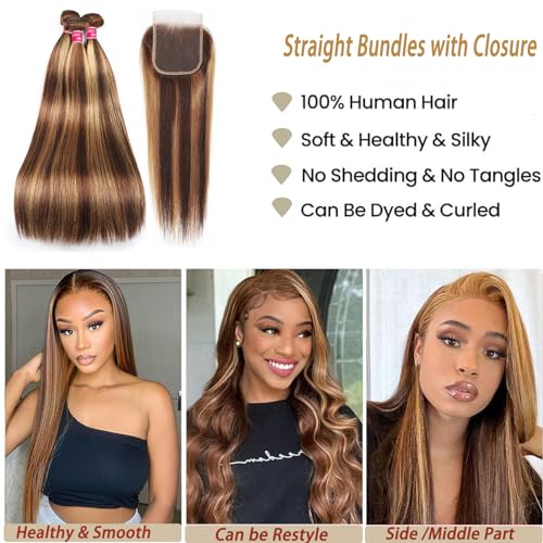 Highlight Ombre Human Hair Bundles with Closure 10A Highlight Brown Blonde 3 Bundle with 4X4 Closure Free Part (12 14 16+12Inch) Soft Straight Honey Brown Bundles Human Hair