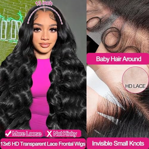 13x6 Lace Front Wigs Human Hair Pre Plucked, 180% Density Body Wave HD Transparent Lace Frontal Wigs with Baby Hair for Women, Glueless Wig, Natural Black, 24 Inch