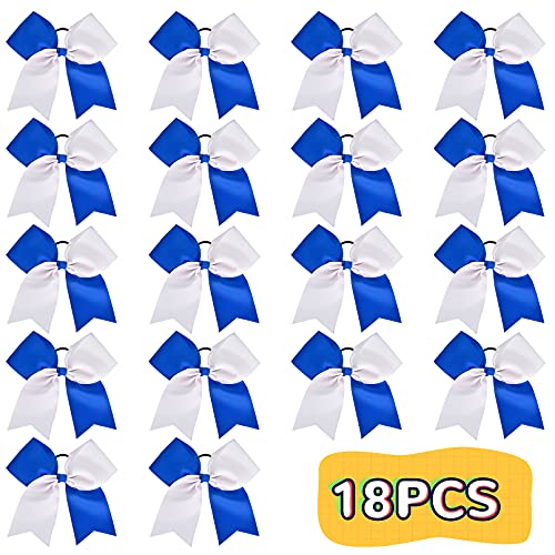 18PCS 8" Large Cheer Bow White Blue Ponytail Holder Elastic Band Hair Ties Hair Bow Accessories for Cheerleading Teen Girls High School College Softball Competition Sports