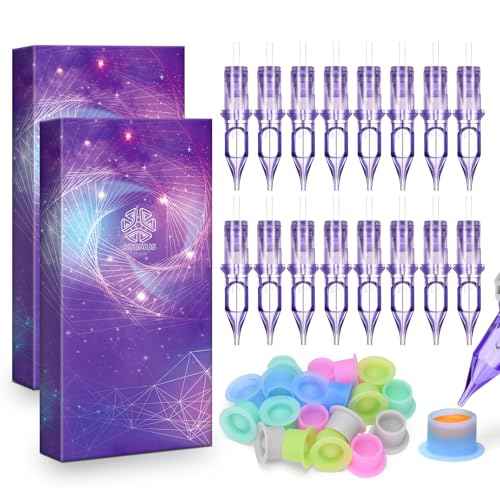 ATOMUS 20pcs Tattoo Cartridge Needles with 20pcs Silicone Ink Cups Size #10 RL RS RM M1 Purple Round Liner Tattoo Needles for Tattoo Gun Pen Liner Pattern (1RL)