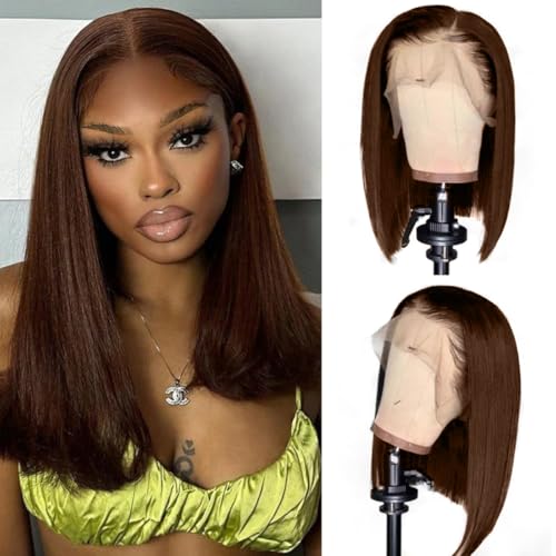LICHANG 200% Density Chocolate Brown Bob Wigs Human Hair Front Wigs Human Hair 13x4 Straight Short Bob Wigs For Women Side Part Bob Wig Transparent Lace Wigs Baby Hair Natural Hairline