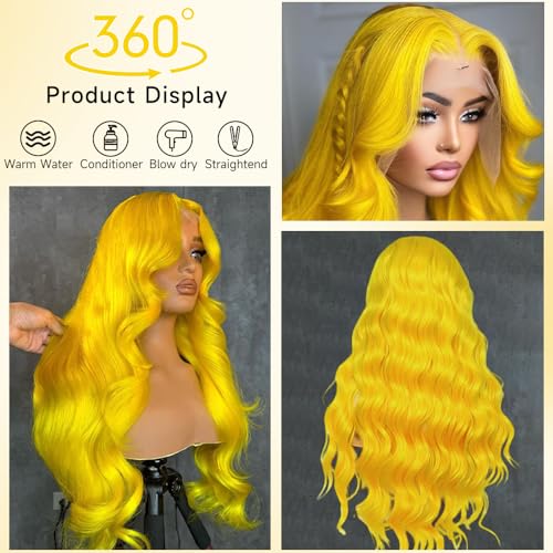 Yellow Wig Human Hair 200 Density Yellow Lace Front Wig Human Hair Body Wave Lace Front Wigs Human Hair Pre Plucked 13x4 HD Lace Frontal Wig Glueless Wigs 24 Inch