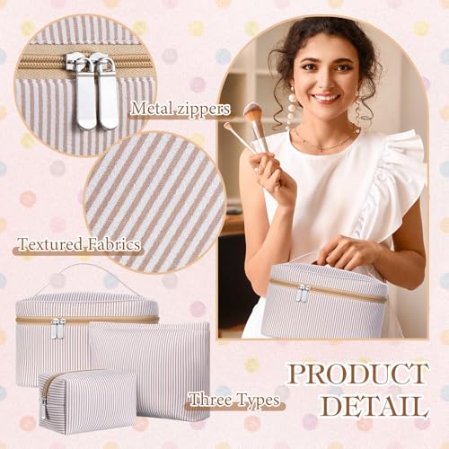3 Pieces Seersucker Makeup Bag Set Cute Cosmetic Pouch for Women Travel Toiletry Bag Preppy Small Makeup Purse Pouch Aesthetic Skincare Brushes Storage Organizer for Women(Khaki)