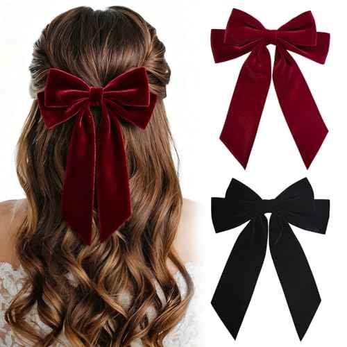 2PCS Velvet Bows Hair Clip Ribbon Black Red Accessories Bow for Women Girls Toddlers Teens Kids