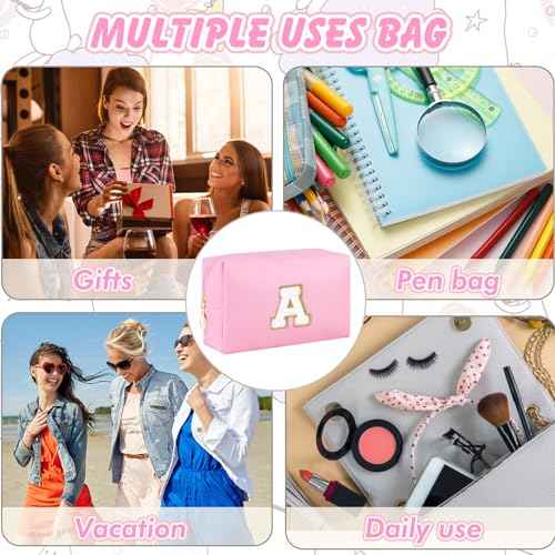 Initial Makeup Bag Personalized Preppy Cosmetic Bag Travel Toiletry Bag Waterproof PU Small Makeup Pouch Bag for Purse Birthday Gift Cute Stuff for Teen Girls Women (Pink A)