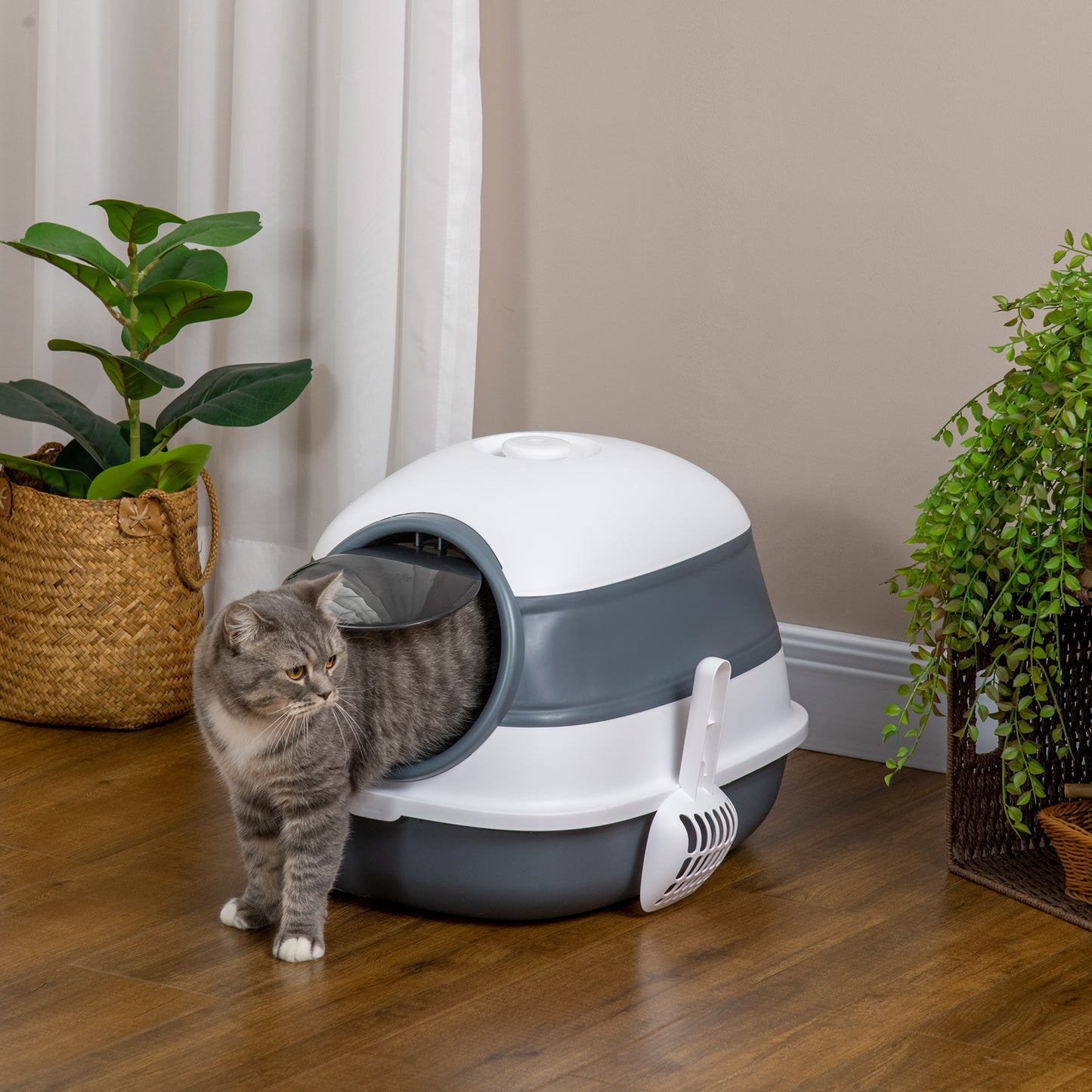White Dome Covered Cat Litter Box with Lid and Litter Gate
