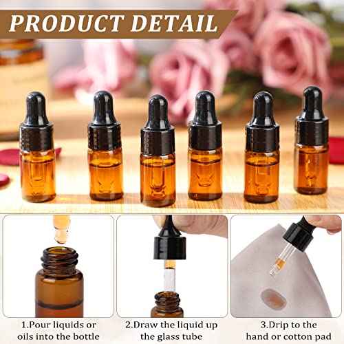 Nuogo 100 Pcs Amber Glass Mini Dropper Bottles Essential Oil Dropping Small Empty Sample Vial with Dropper and Black Caps Tiny Amber Glass Bottles Perfume Jars for Travel(3 ml)