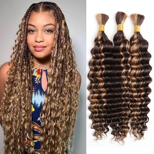Human Braiding Hair 3 Bundles/Pack 150g Highlight 4/27 Curly Water Wave Bulk Hair for Braiding No Weft 12A Brazilian Virgin Human braiding Hair for Boho Braids (Highlight 4/27 Color, 20 inch)