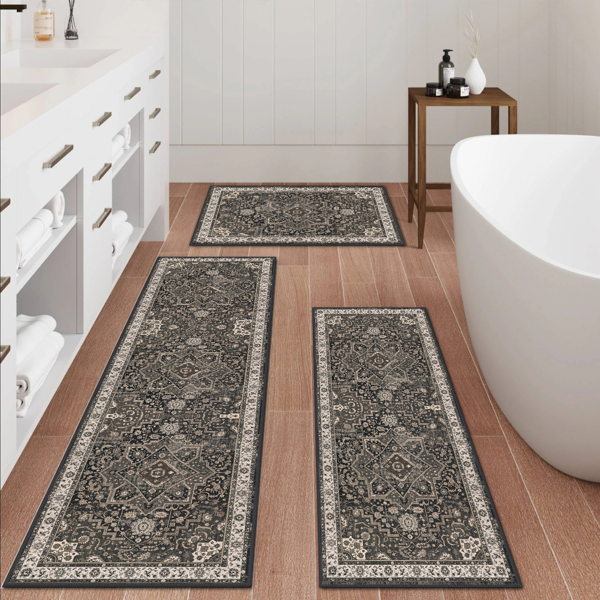 Washable Boho Kitchen Rug Set of 3 - Non-Slip Runner & Mats