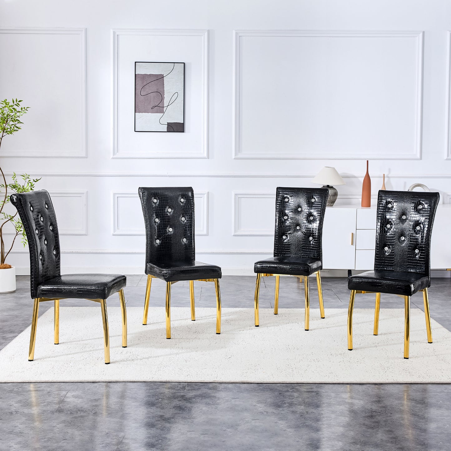 Set of 4 Retro Alligator Skin Dining Chairs with Crystal Buckle - Black & Gold
