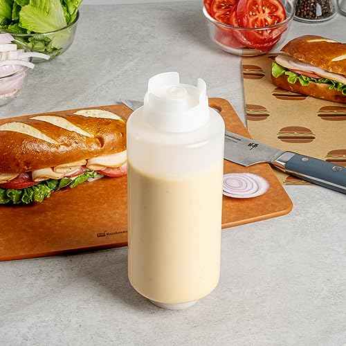 Restaurantware First In First Out 32 Ounce Condiment Squeeze Bottle 6 Refillable Lid FIFO Squeeze Bottle - Precision Dispensing Tip Flexible Clear Plastic Squeeze Bottle For Sauces