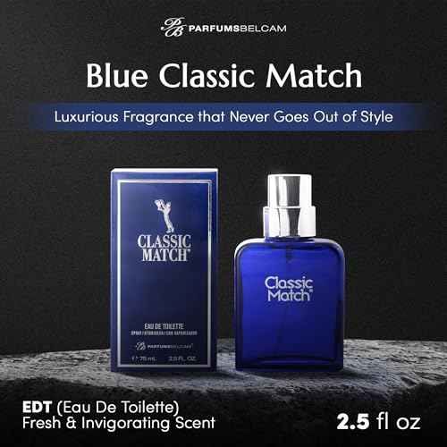 PB ParfumsBelcam Blue Classic Match Eau de Toilette Spray for Men ? Modern Citrus Fougere Fragrance, Notes of Melon, Moss and Patchouli, Cologne Alternative, Signature Fragrance ? 2.54 Fl Oz