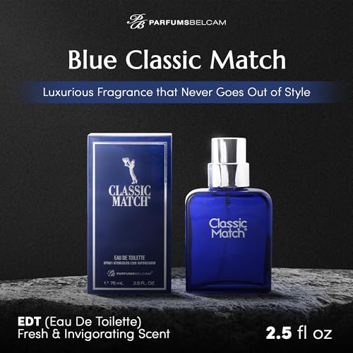 PB ParfumsBelcam Blue Classic Match Eau de Toilette Spray for Men ? Modern Citrus Fougere Fragrance, Notes of Melon, Moss and Patchouli, Cologne Alternative, Signature Fragrance ? 2.54 Fl Oz