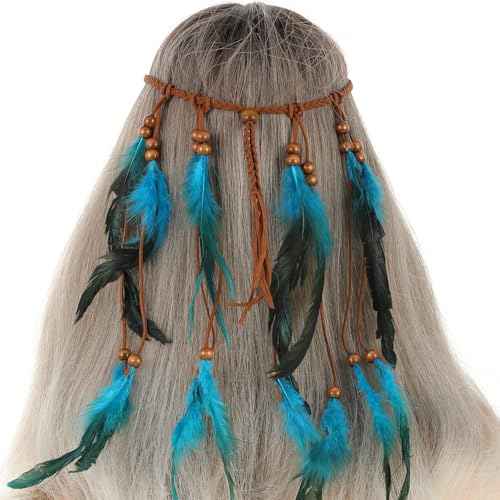 Indian Headdress, Boho Indian Feather Headband, Native American Headband, Hippie Headbands for Women, Native American Headdress, Native American Hair Accessories for Women and Girls Blue
