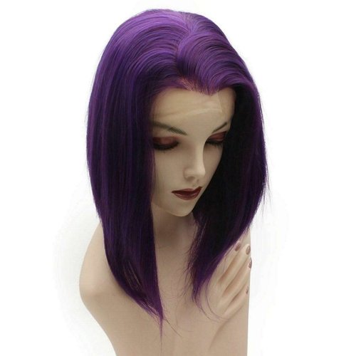 iwonawig Iewig Short Bob Straight Wig Half Hand Tied Purple Synthetic Lace Front Heat Friendly Fiber
